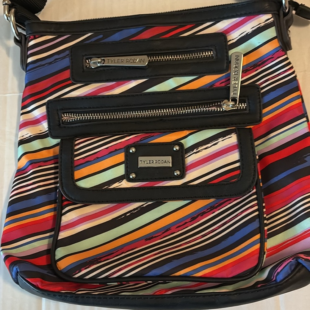Tyler Rodman colorful stripe crossbody, adjustable canvas strap, 11”x10”